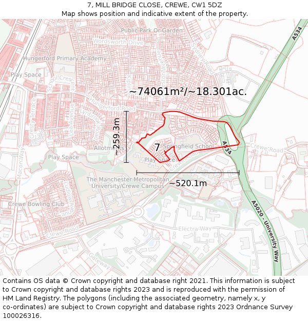 7, MILL BRIDGE CLOSE, CREWE, CW1 5DZ: Plot and title map