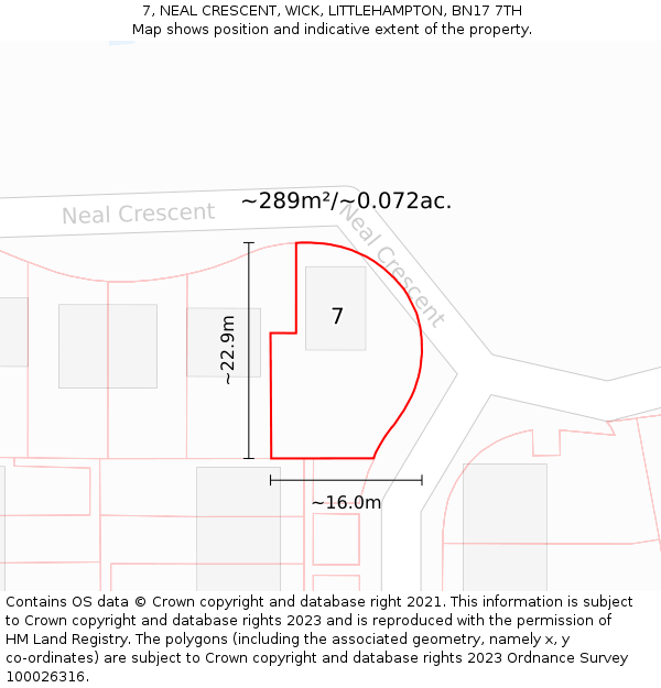 7, NEAL CRESCENT, WICK, LITTLEHAMPTON, BN17 7TH: Plot and title map