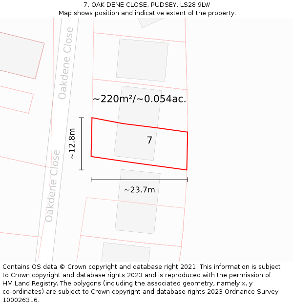 7, OAK DENE CLOSE, PUDSEY, LS28 9LW: Plot and title map
