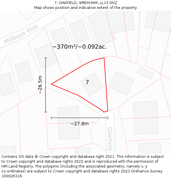 7, OAKFIELD, WREXHAM, LL13 0NZ: Plot and title map