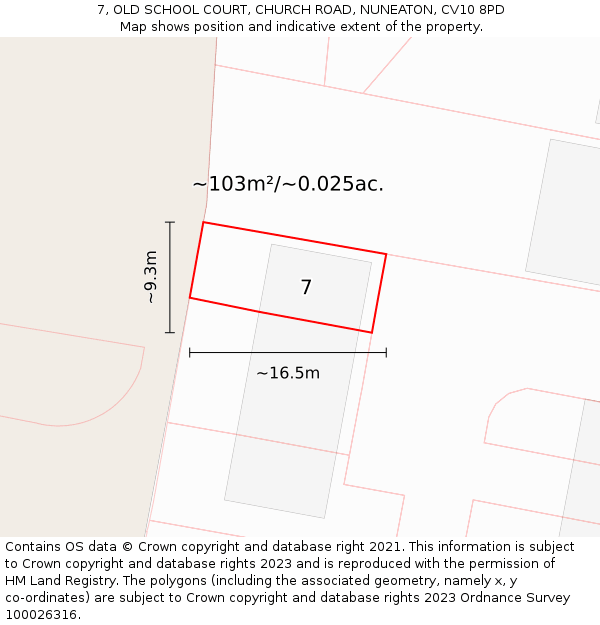 7, OLD SCHOOL COURT, CHURCH ROAD, NUNEATON, CV10 8PD: Plot and title map