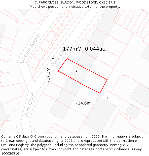 7, PARK CLOSE, BLADON, WOODSTOCK, OX20 1RN: Plot and title map