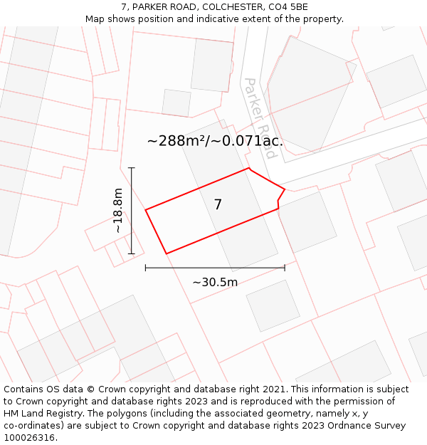 7, PARKER ROAD, COLCHESTER, CO4 5BE: Plot and title map