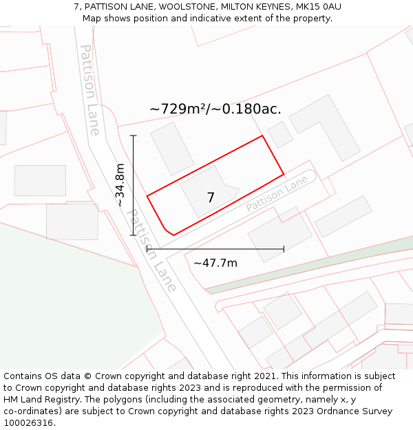 7, PATTISON LANE, WOOLSTONE, MILTON KEYNES, MK15 0AU: Plot and title map