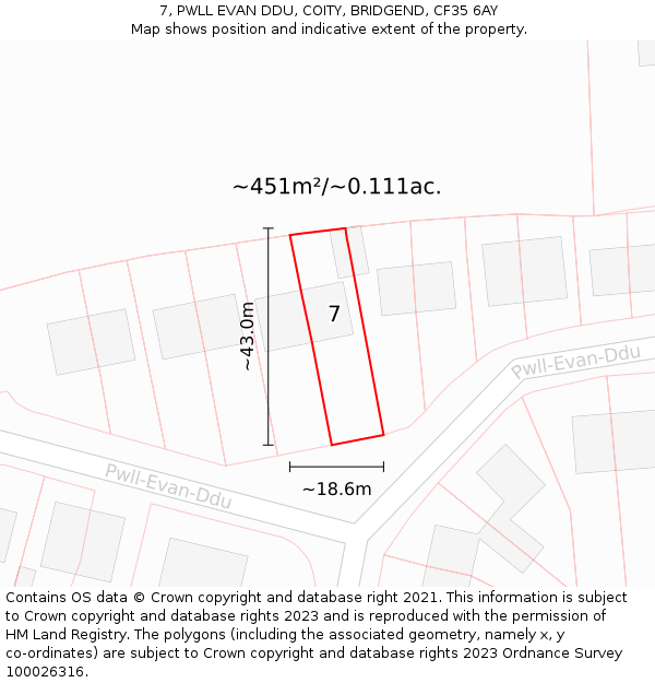 7, PWLL EVAN DDU, COITY, BRIDGEND, CF35 6AY: Plot and title map