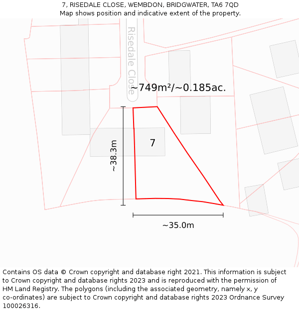 7, RISEDALE CLOSE, WEMBDON, BRIDGWATER, TA6 7QD: Plot and title map