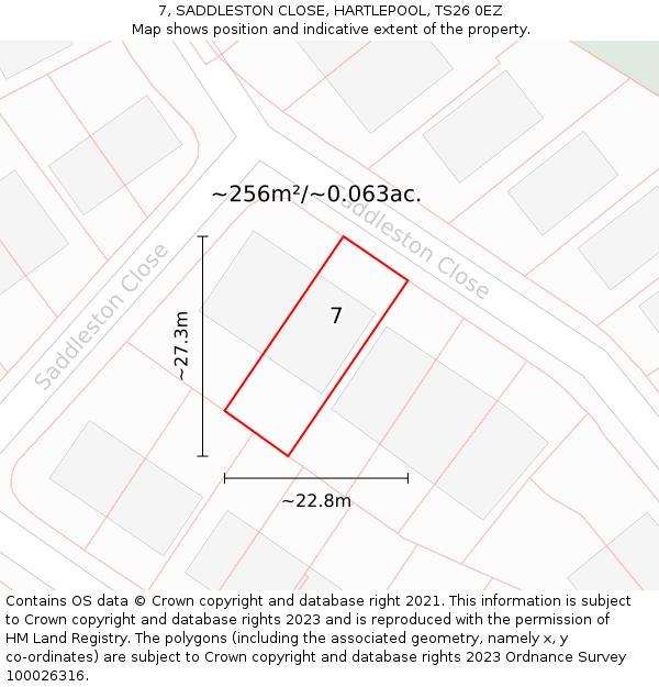 7, SADDLESTON CLOSE, HARTLEPOOL, TS26 0EZ: Plot and title map