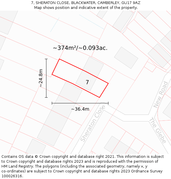 7, SHERATON CLOSE, BLACKWATER, CAMBERLEY, GU17 9AZ: Plot and title map