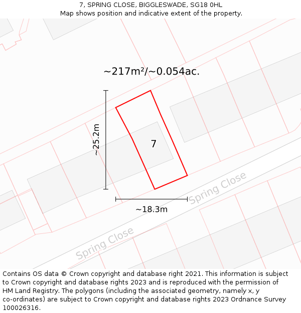 7, SPRING CLOSE, BIGGLESWADE, SG18 0HL: Plot and title map
