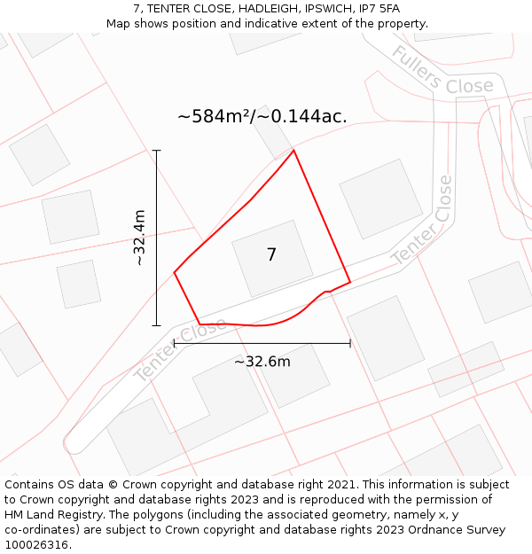 7, TENTER CLOSE, HADLEIGH, IPSWICH, IP7 5FA: Plot and title map