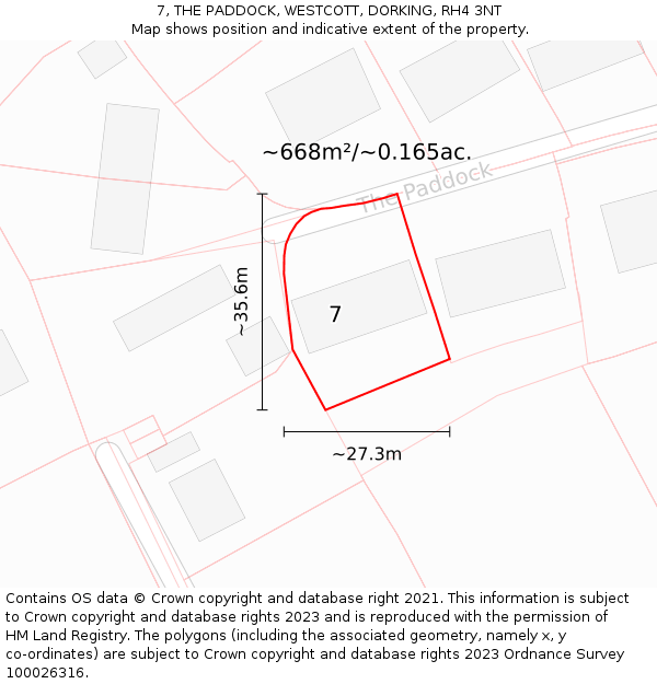 7, THE PADDOCK, WESTCOTT, DORKING, RH4 3NT: Plot and title map