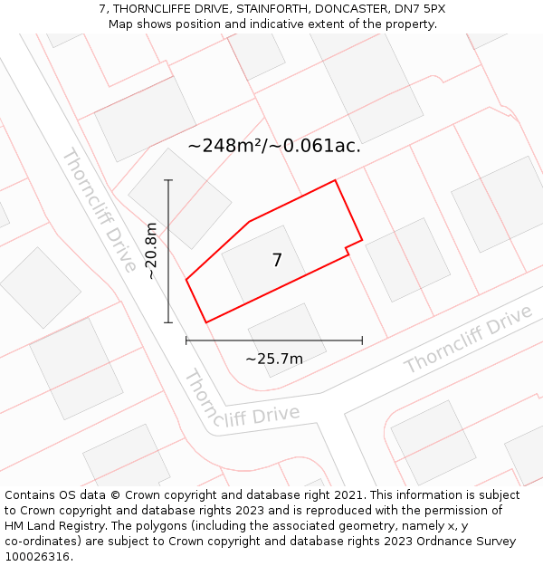 7, THORNCLIFFE DRIVE, STAINFORTH, DONCASTER, DN7 5PX: Plot and title map