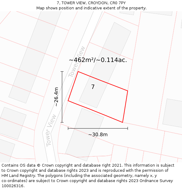 7, TOWER VIEW, CROYDON, CR0 7PY: Plot and title map