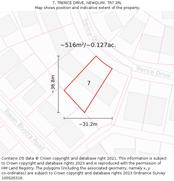7, TRERICE DRIVE, NEWQUAY, TR7 2RL: Plot and title map