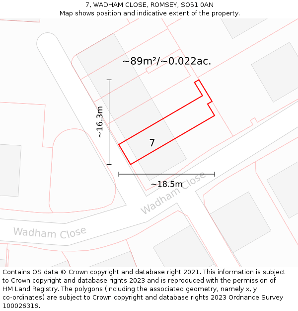 7, WADHAM CLOSE, ROMSEY, SO51 0AN: Plot and title map