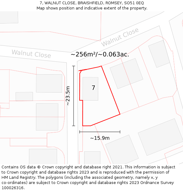 7, WALNUT CLOSE, BRAISHFIELD, ROMSEY, SO51 0EQ: Plot and title map
