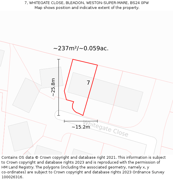 7, WHITEGATE CLOSE, BLEADON, WESTON-SUPER-MARE, BS24 0PW: Plot and title map