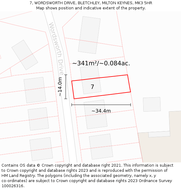 7, WORDSWORTH DRIVE, BLETCHLEY, MILTON KEYNES, MK3 5HR: Plot and title map