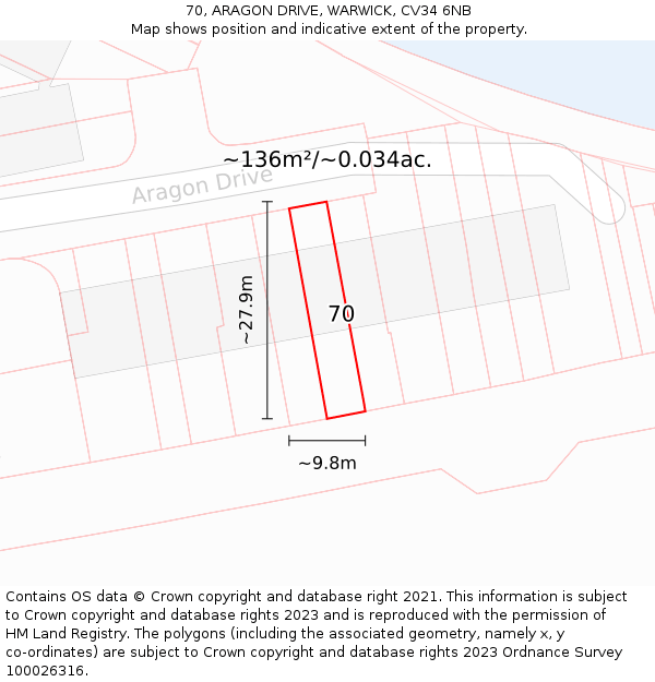 70, ARAGON DRIVE, WARWICK, CV34 6NB: Plot and title map