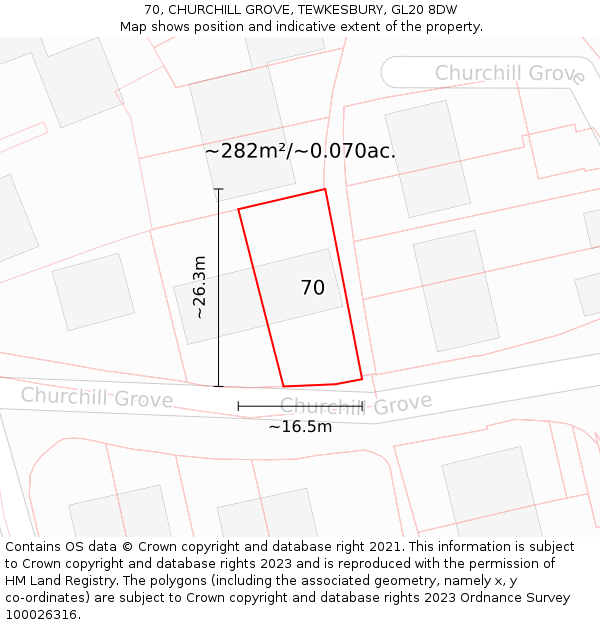 70, CHURCHILL GROVE, TEWKESBURY, GL20 8DW: Plot and title map