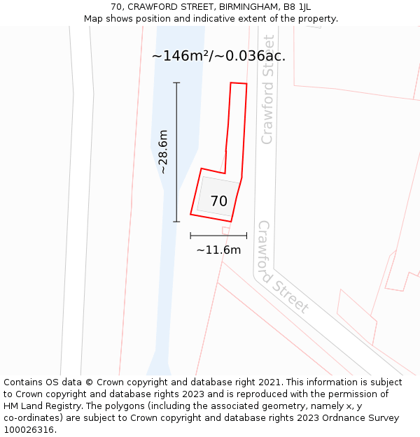 70, CRAWFORD STREET, BIRMINGHAM, B8 1JL: Plot and title map