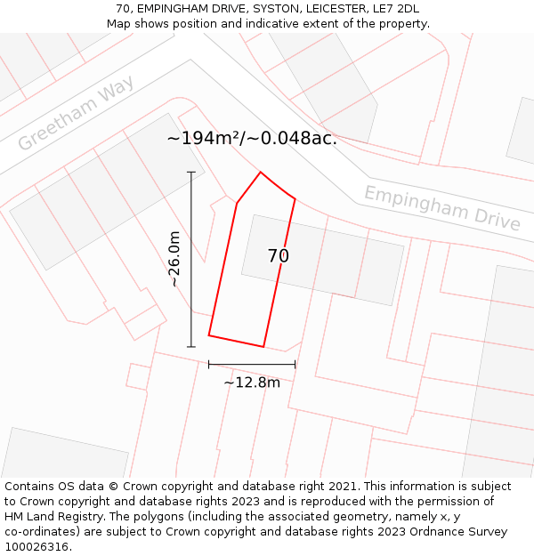 70, EMPINGHAM DRIVE, SYSTON, LEICESTER, LE7 2DL: Plot and title map