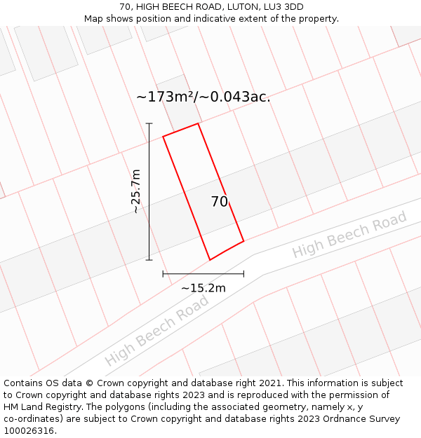 70, HIGH BEECH ROAD, LUTON, LU3 3DD: Plot and title map
