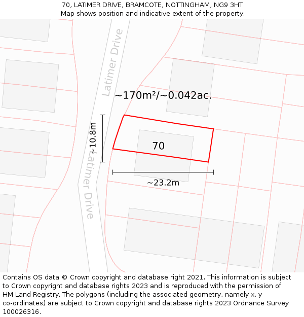 70, LATIMER DRIVE, BRAMCOTE, NOTTINGHAM, NG9 3HT: Plot and title map