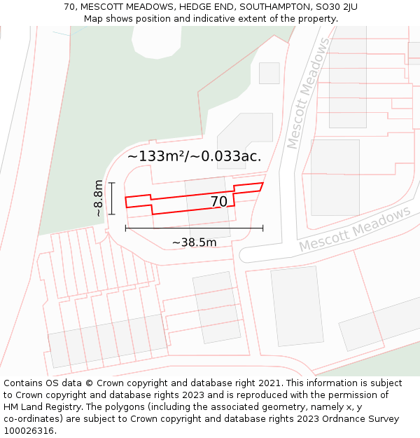70, MESCOTT MEADOWS, HEDGE END, SOUTHAMPTON, SO30 2JU: Plot and title map