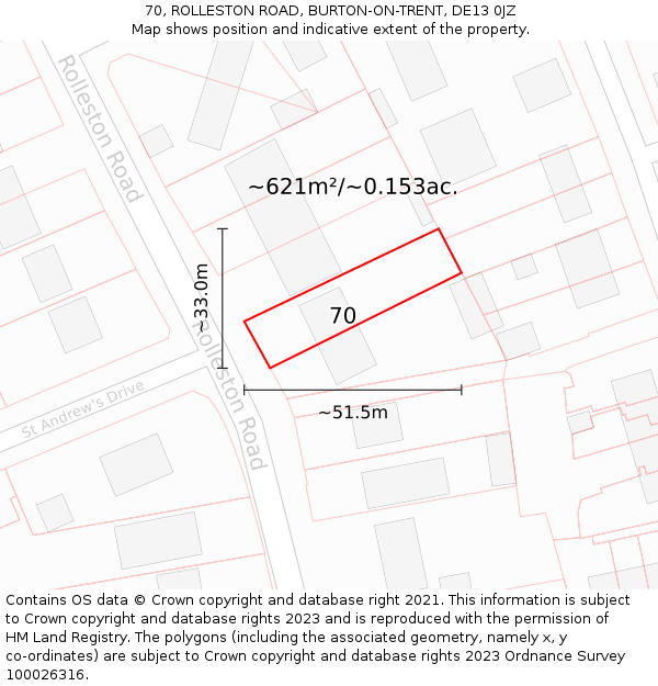 70, ROLLESTON ROAD, BURTON-ON-TRENT, DE13 0JZ: Plot and title map