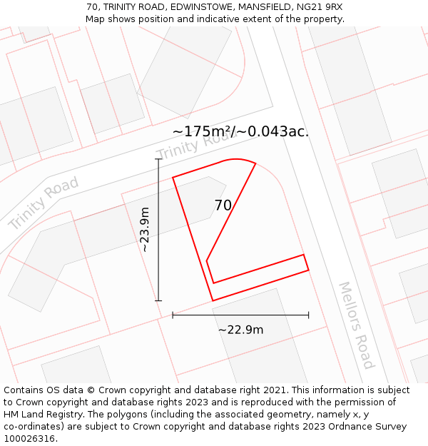 70, TRINITY ROAD, EDWINSTOWE, MANSFIELD, NG21 9RX: Plot and title map