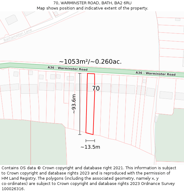 70, WARMINSTER ROAD, BATH, BA2 6RU: Plot and title map