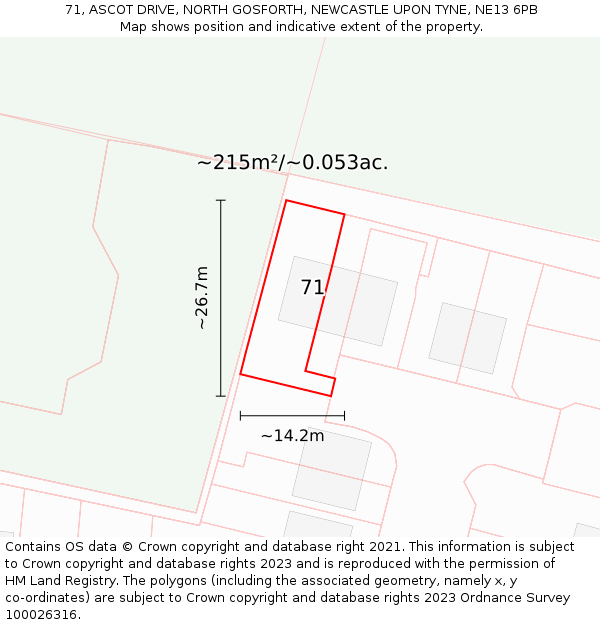 71, ASCOT DRIVE, NORTH GOSFORTH, NEWCASTLE UPON TYNE, NE13 6PB: Plot and title map