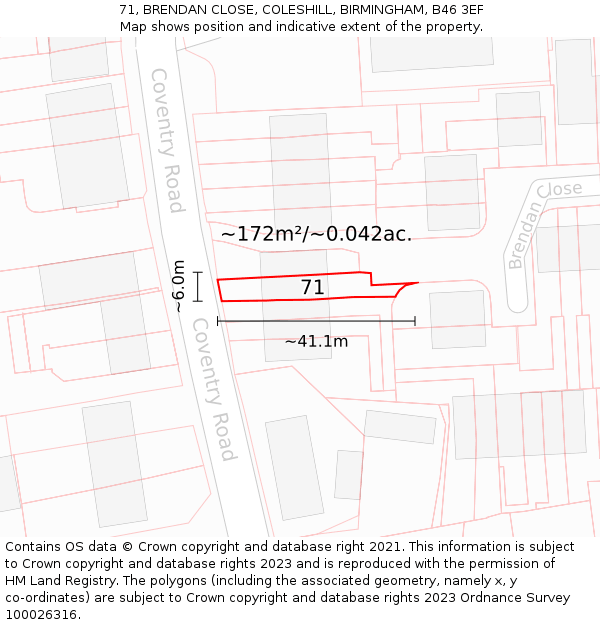 71, BRENDAN CLOSE, COLESHILL, BIRMINGHAM, B46 3EF: Plot and title map