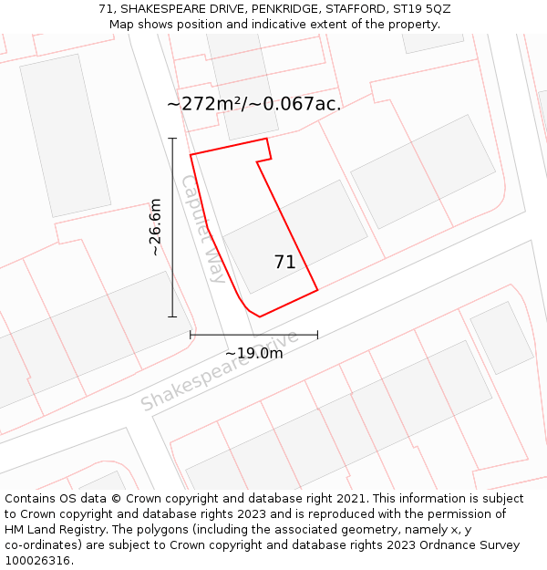 71, SHAKESPEARE DRIVE, PENKRIDGE, STAFFORD, ST19 5QZ: Plot and title map