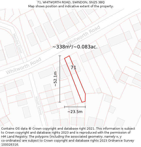 71, WHITWORTH ROAD, SWINDON, SN25 3BQ: Plot and title map