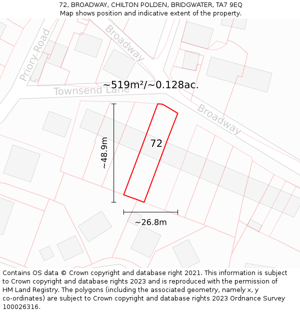 72, BROADWAY, CHILTON POLDEN, BRIDGWATER, TA7 9EQ: Plot and title map