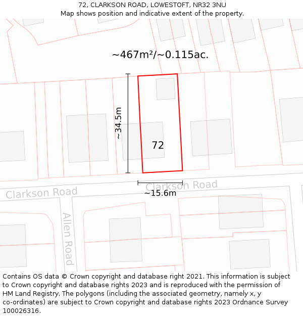 72, CLARKSON ROAD, LOWESTOFT, NR32 3NU: Plot and title map