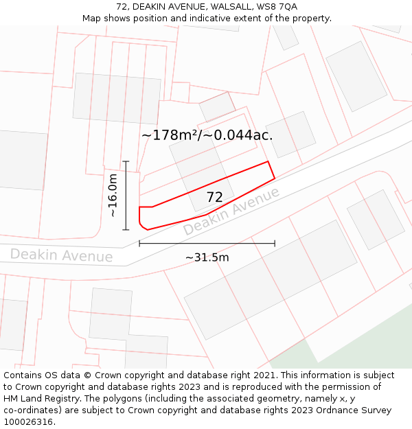 72, DEAKIN AVENUE, WALSALL, WS8 7QA: Plot and title map