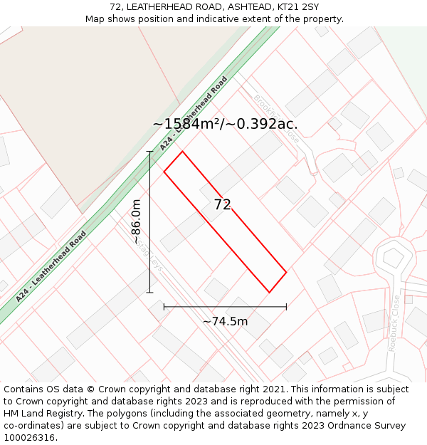 72, LEATHERHEAD ROAD, ASHTEAD, KT21 2SY: Plot and title map