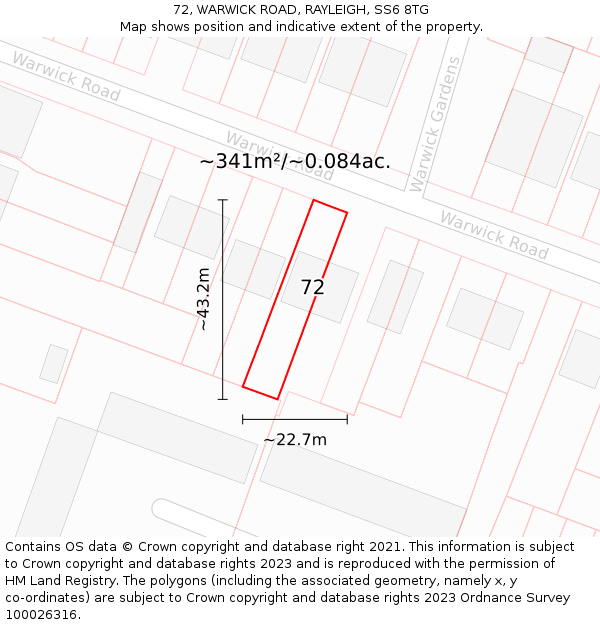 72, WARWICK ROAD, RAYLEIGH, SS6 8TG: Plot and title map