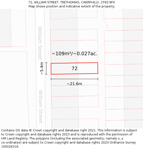 72, WILLIAM STREET, TRETHOMAS, CAERPHILLY, CF83 8FX: Plot and title map