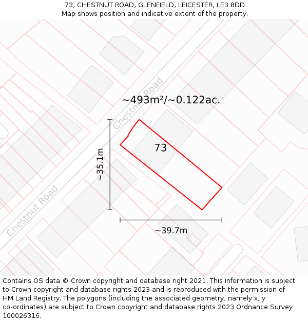 73, CHESTNUT ROAD, GLENFIELD, LEICESTER, LE3 8DD: Plot and title map