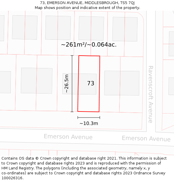 73, EMERSON AVENUE, MIDDLESBROUGH, TS5 7QJ: Plot and title map
