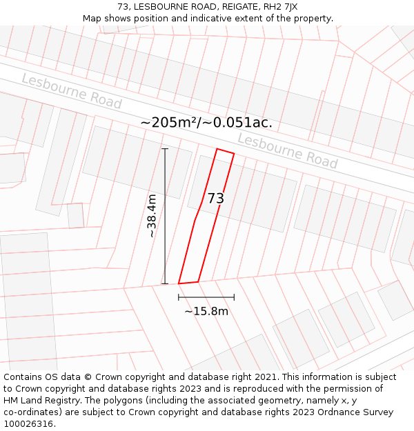 73, LESBOURNE ROAD, REIGATE, RH2 7JX: Plot and title map