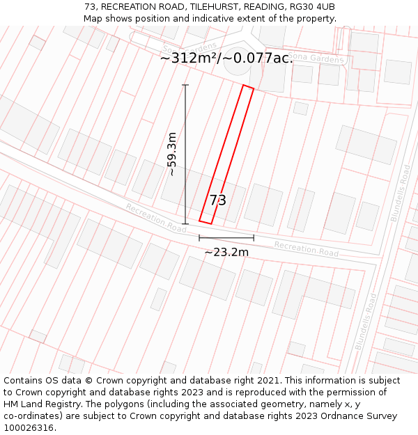 73, RECREATION ROAD, TILEHURST, READING, RG30 4UB: Plot and title map