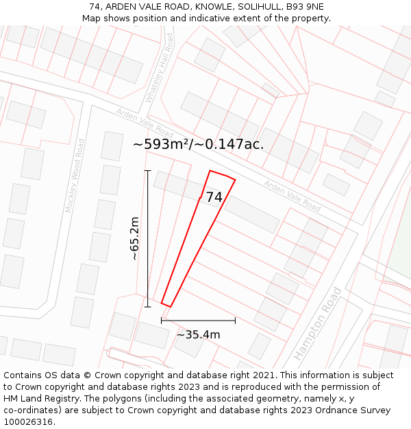 74, ARDEN VALE ROAD, KNOWLE, SOLIHULL, B93 9NE: Plot and title map