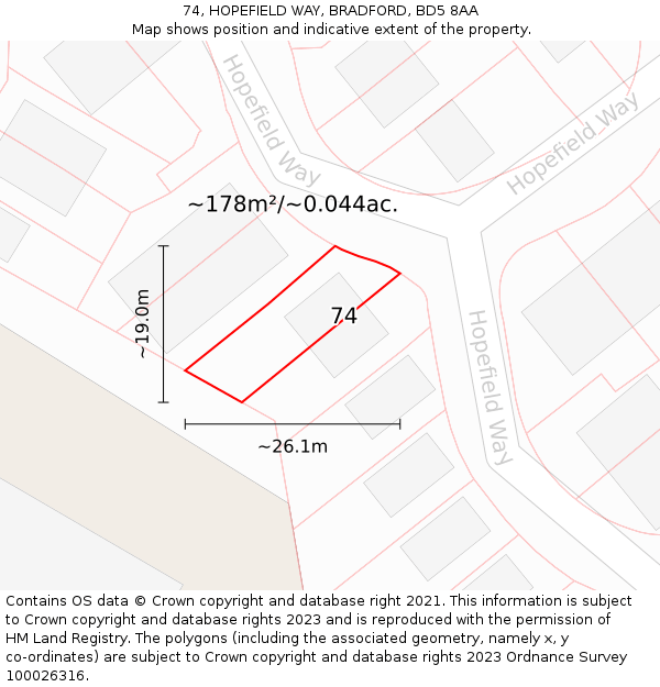 74, HOPEFIELD WAY, BRADFORD, BD5 8AA: Plot and title map