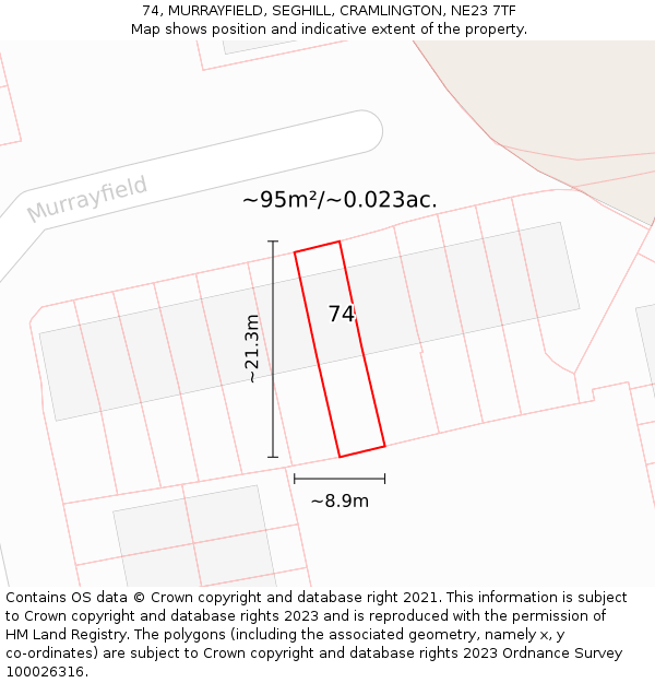 74, MURRAYFIELD, SEGHILL, CRAMLINGTON, NE23 7TF: Plot and title map