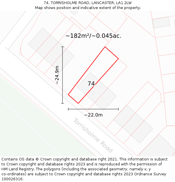 74, TORRISHOLME ROAD, LANCASTER, LA1 2LW: Plot and title map